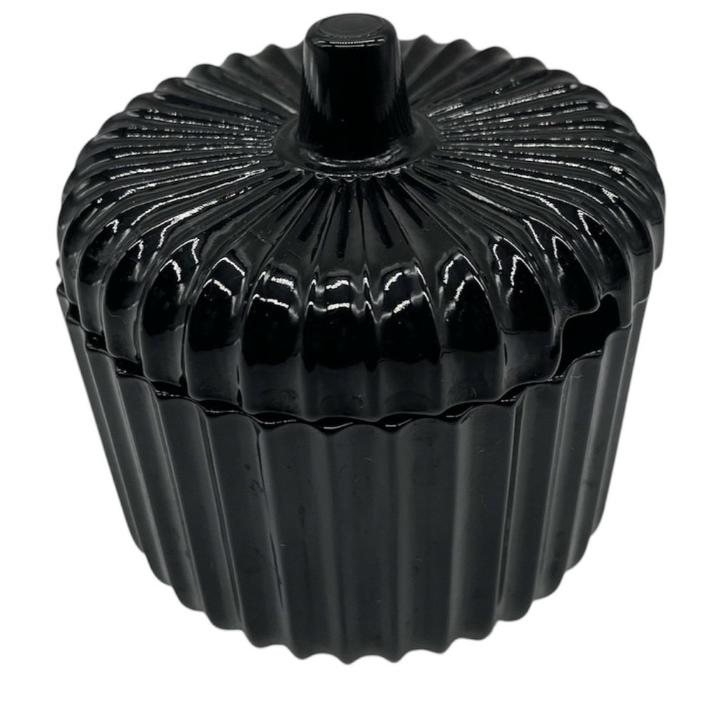Vintage L. E. Smith Black Glass Ribbed Jam /Honey Pot With Lid Art Deco MCM